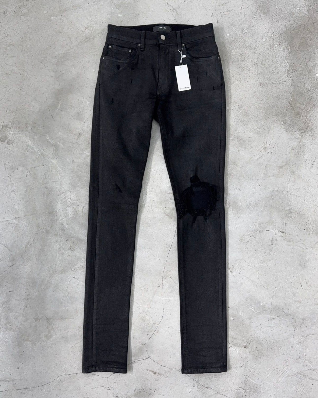 AMIRI SS19 SKINNY FIT WAXED DISTRESSED DENIM JEANS